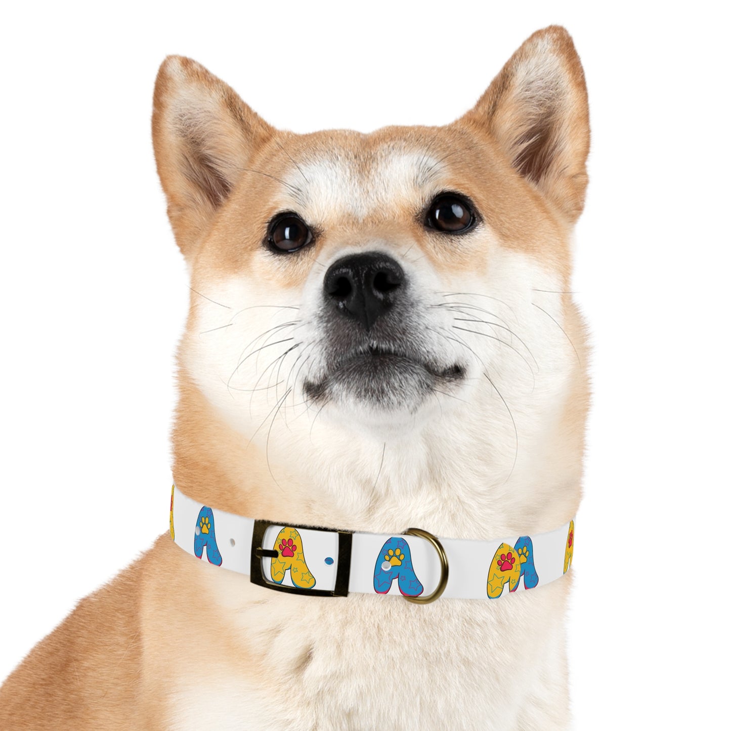 The Appreciators Blue and Yellow Paw Prints White Dog Collar