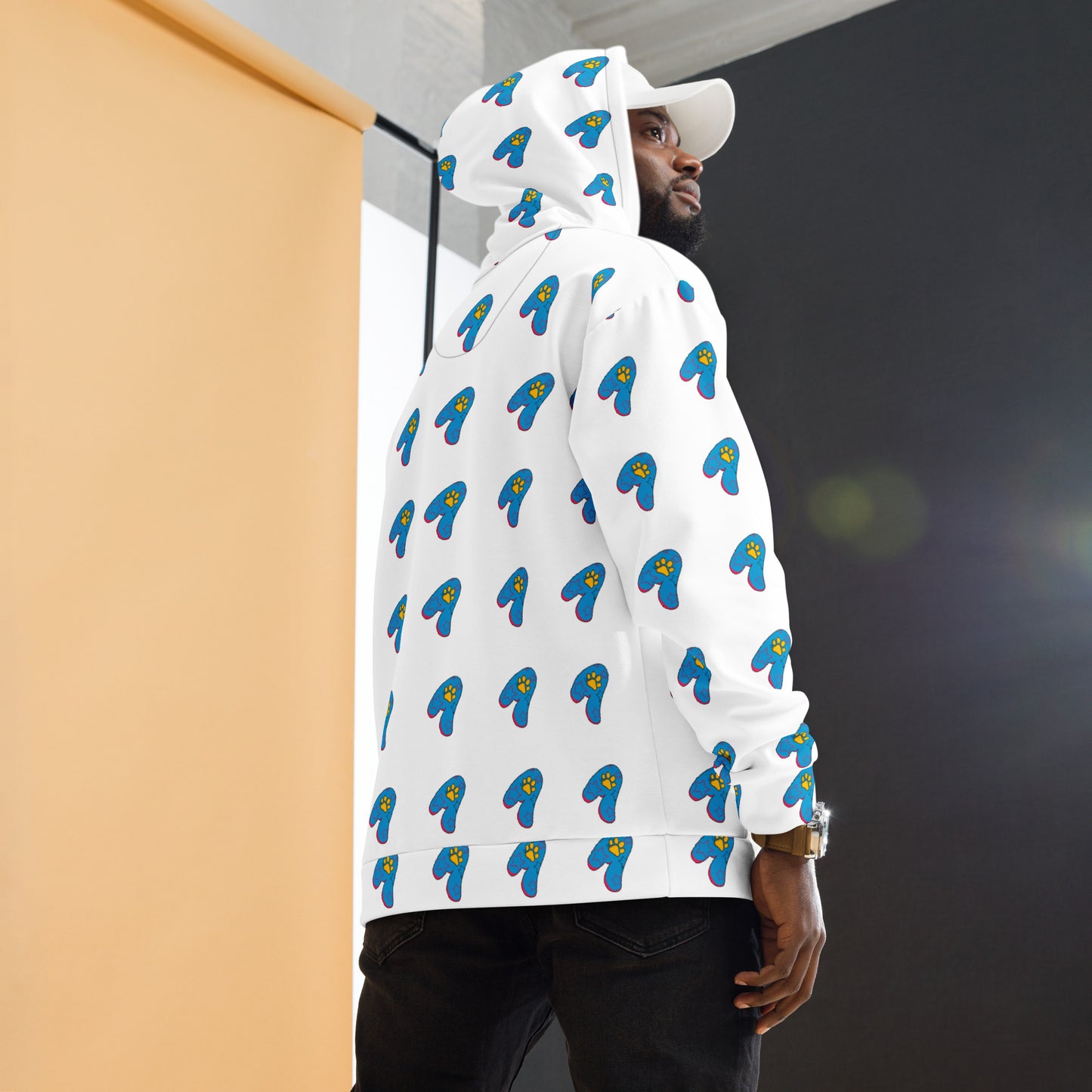 The Appreciators White AOP Blue Paw A Recycled Poly Unisex Hoodie