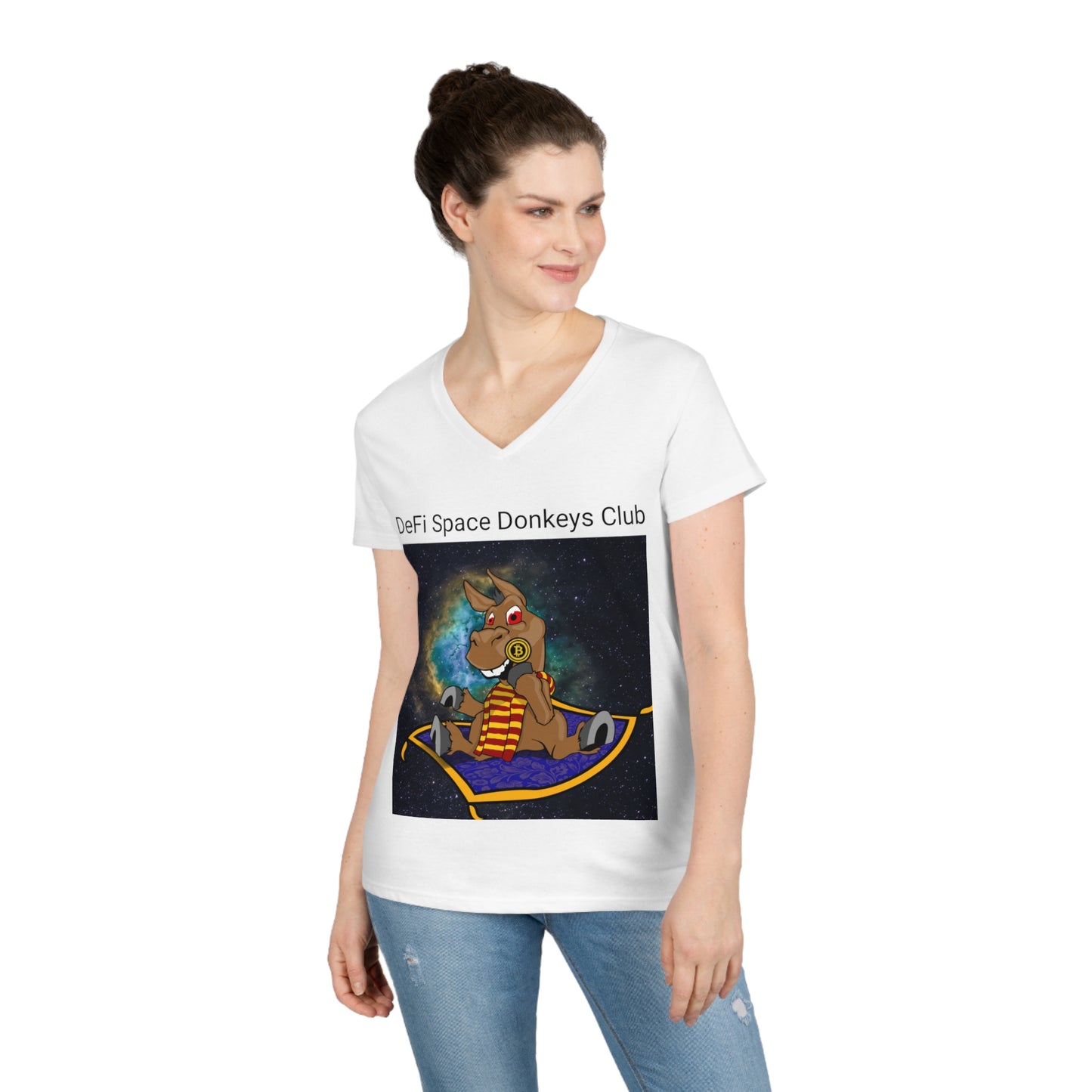 Camiseta con cuello en V para mujer DeFi Space Donkeys #9