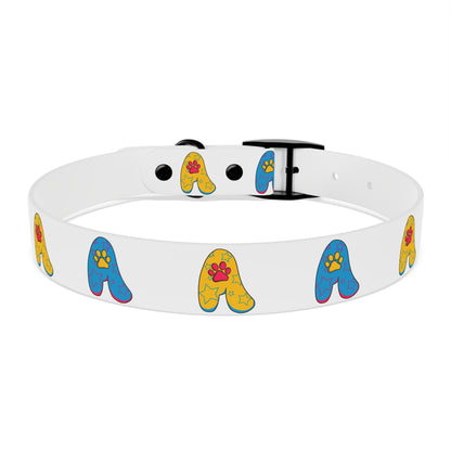 The Appreciators Blue and Yellow Paw Prints White Dog Collar