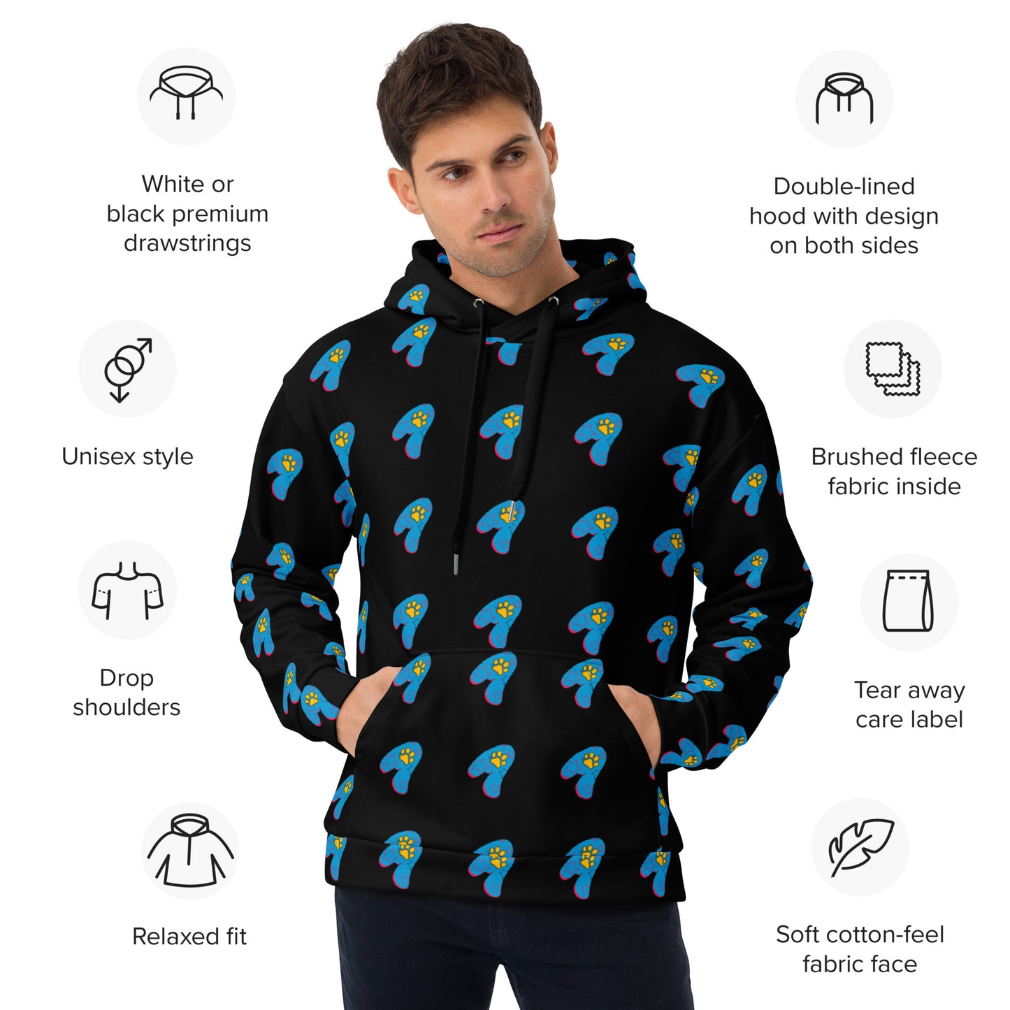 The Appreciators Black AOP Blue Paw A Recycled Poly Unisex Hoodie