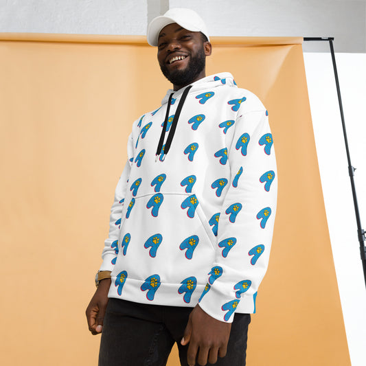 The Appreciators White AOP Blue Paw A Recycled Poly Unisex Hoodie