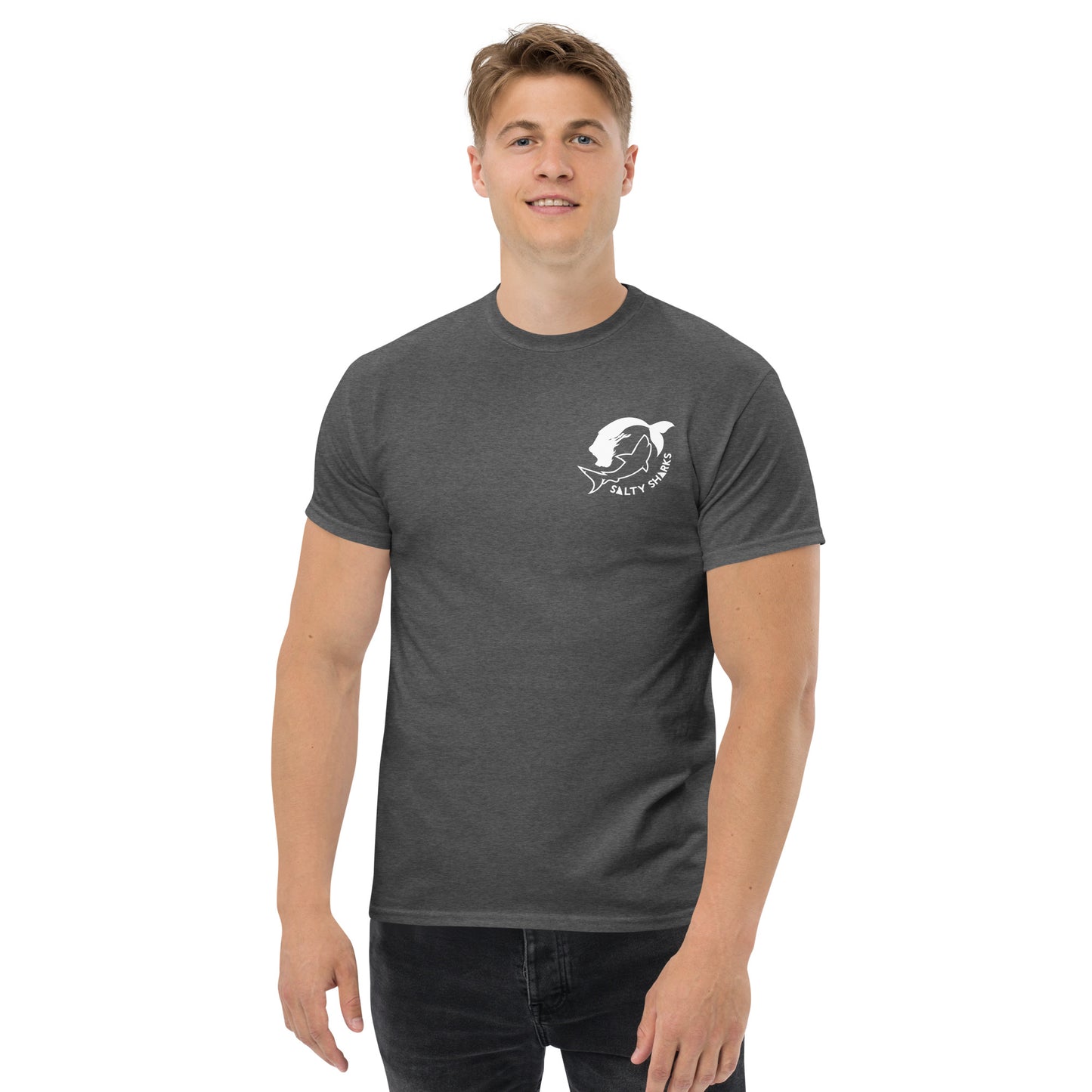 SSU Men's classic tee White Sharks Feeding Frenzy Back