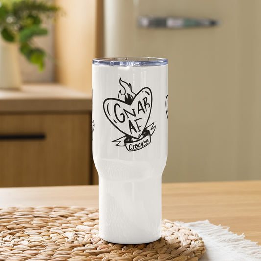 Gnar AF B&W Logo Travel mug with a handle